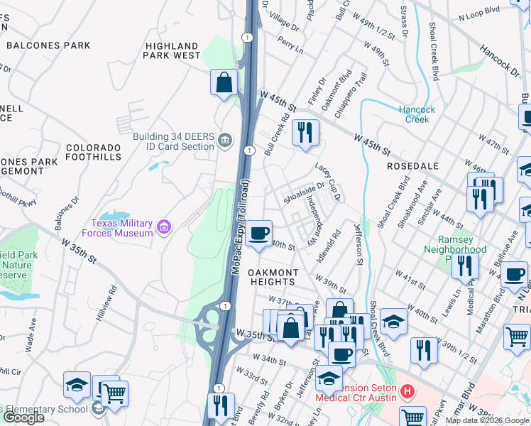 map of restaurants, bars, coffee shops, grocery stores, and more near 4100 Jackson Avenue in Austin