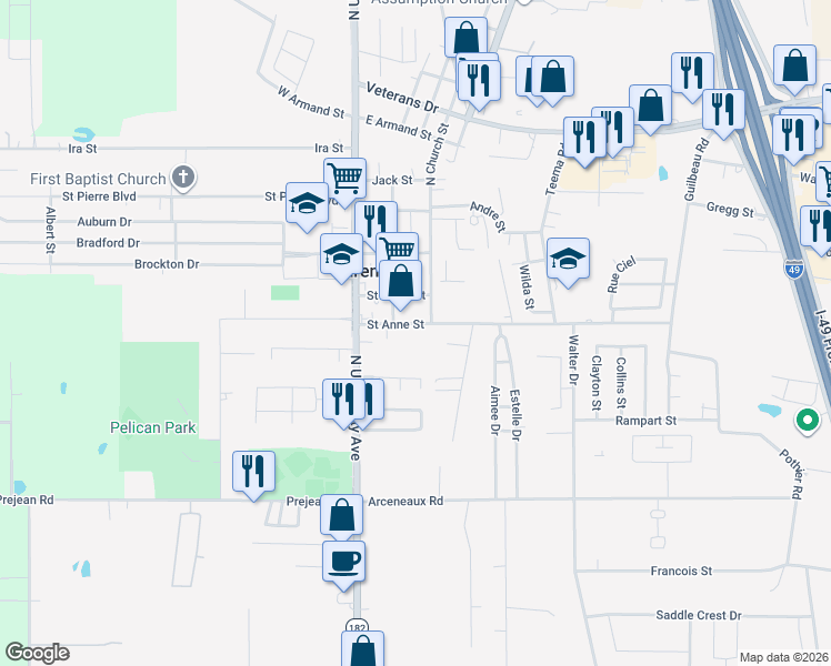 map of restaurants, bars, coffee shops, grocery stores, and more near 206 Saint Anne Street in Carencro