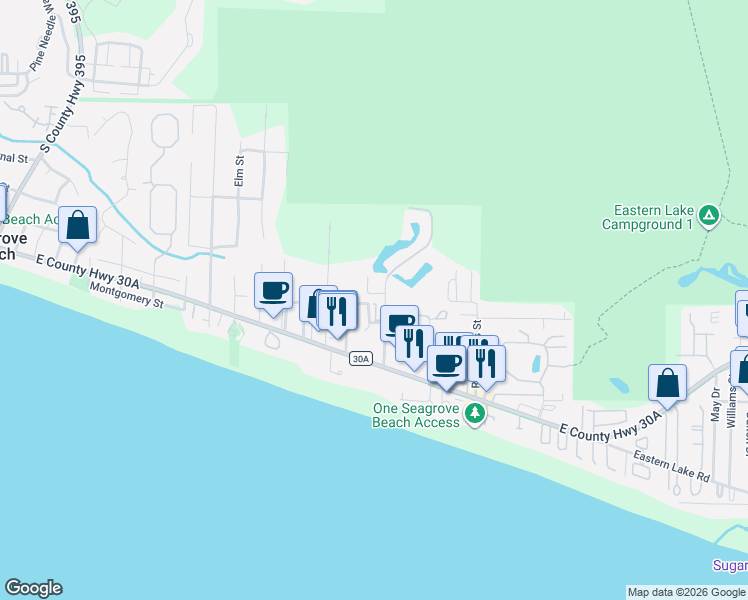 map of restaurants, bars, coffee shops, grocery stores, and more near 27 Old Mill Road in Santa Rosa Beach