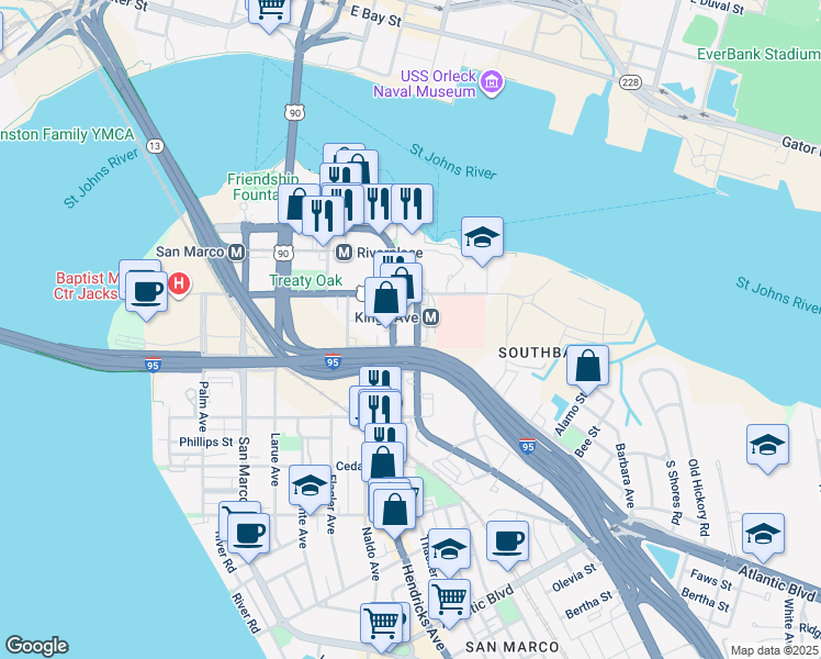 map of restaurants, bars, coffee shops, grocery stores, and more near 1054 Kings Avenue in Jacksonville