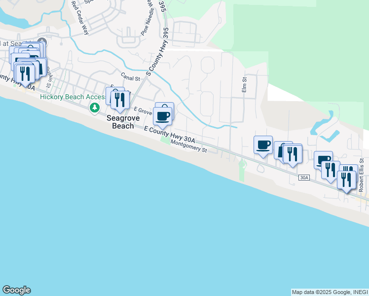 map of restaurants, bars, coffee shops, grocery stores, and more near 104 Montgomery Street in Santa Rosa Beach