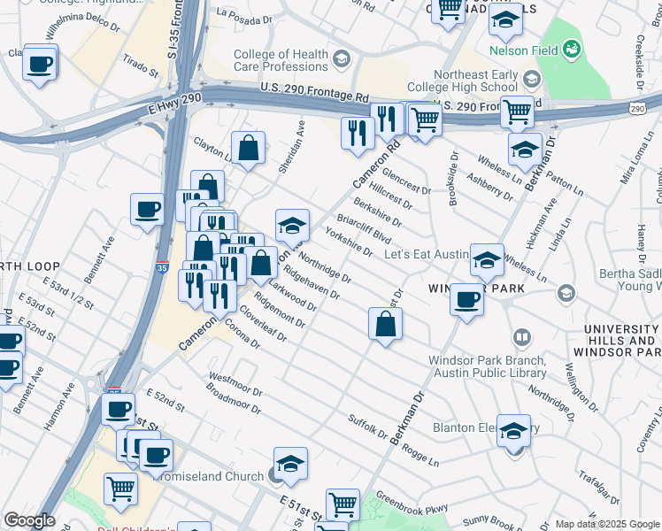 map of restaurants, bars, coffee shops, grocery stores, and more near 1308 Northridge Drive in Austin