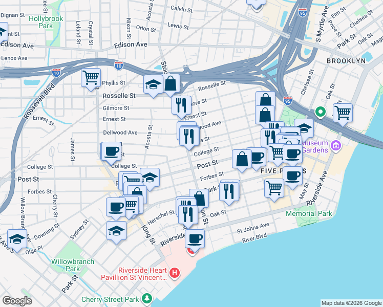 map of restaurants, bars, coffee shops, grocery stores, and more near 2342 College Street in Jacksonville