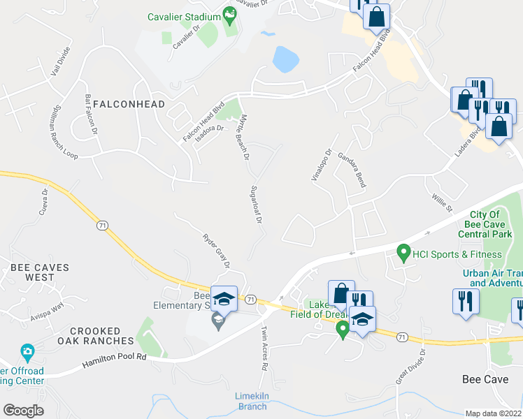 map of restaurants, bars, coffee shops, grocery stores, and more near 4105 Sugarloaf Drive in Austin
