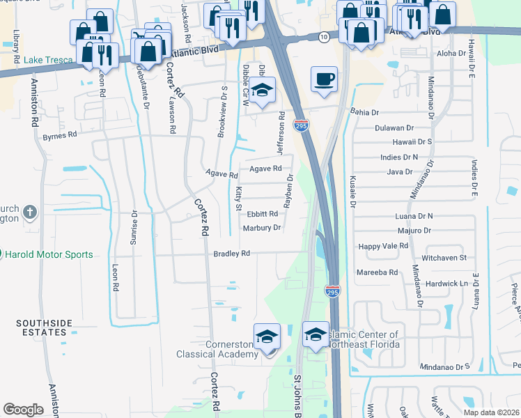 map of restaurants, bars, coffee shops, grocery stores, and more near 10445 Ebbitt Road in Jacksonville