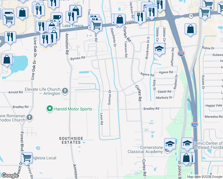 map of restaurants, bars, coffee shops, grocery stores, and more near 1998 Brookview Drive South in Jacksonville