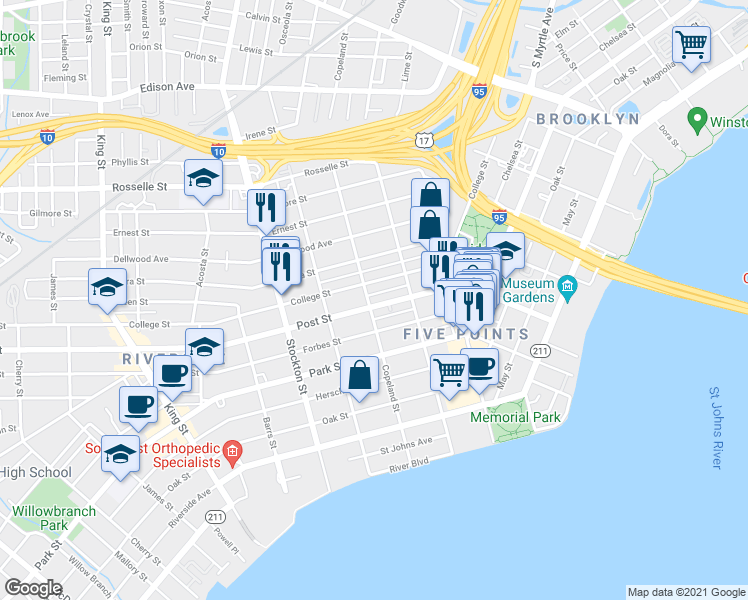 map of restaurants, bars, coffee shops, grocery stores, and more near in Jacksonville
