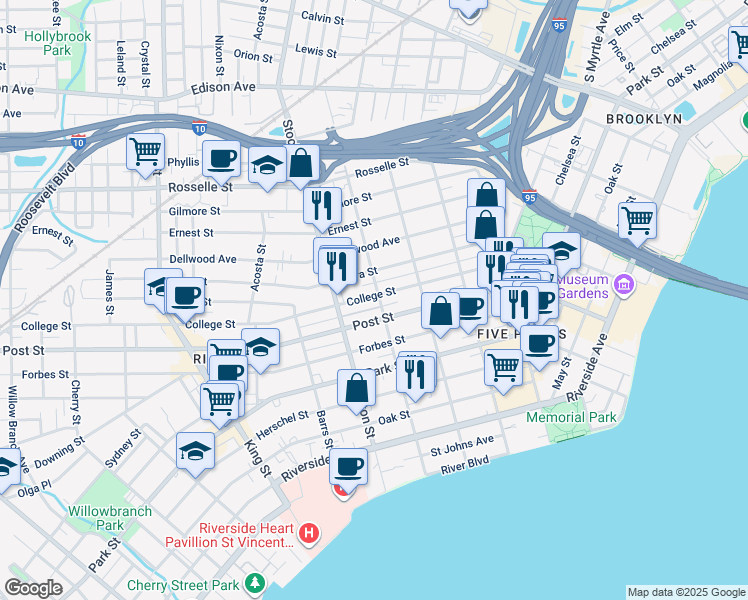 map of restaurants, bars, coffee shops, grocery stores, and more near 2254 College Street in Jacksonville