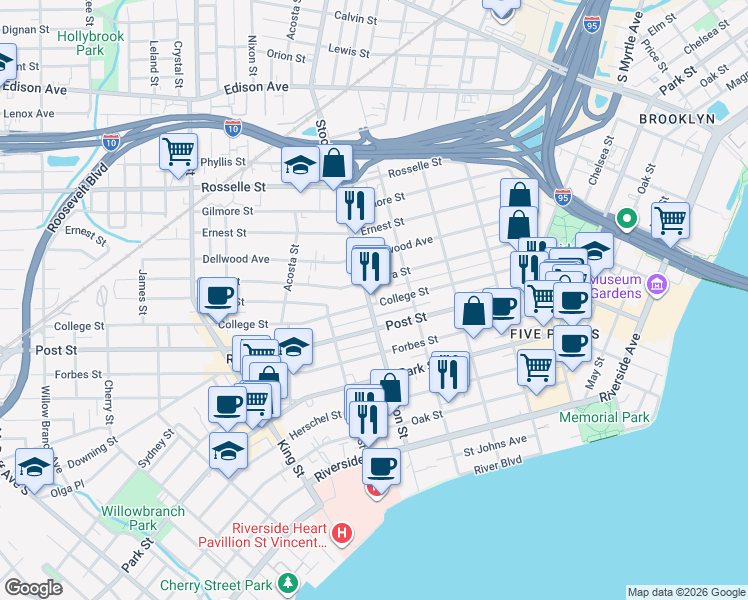 map of restaurants, bars, coffee shops, grocery stores, and more near 2342 College Street in Jacksonville