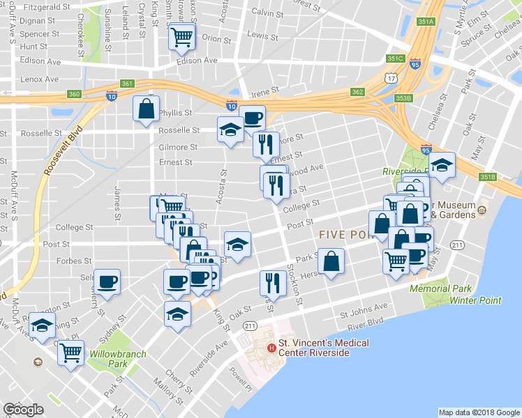 map of restaurants, bars, coffee shops, grocery stores, and more near 2523 College Street in Jacksonville