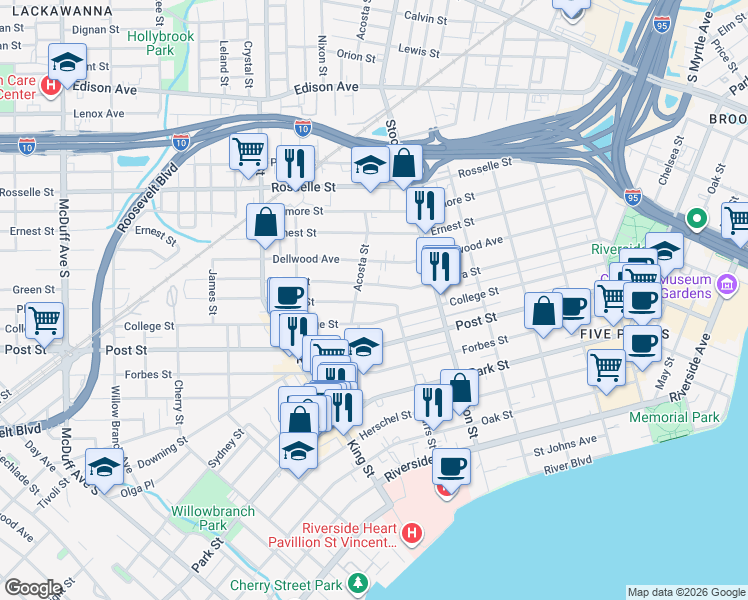 map of restaurants, bars, coffee shops, grocery stores, and more near 2573 Haldumar Terrace in Jacksonville
