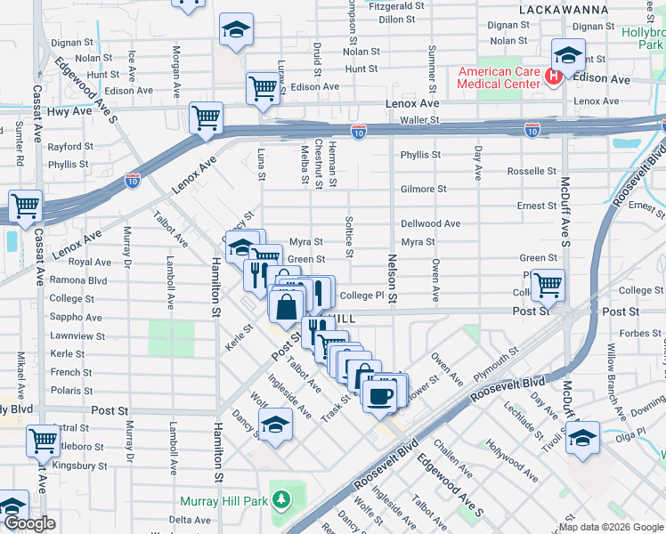 map of restaurants, bars, coffee shops, grocery stores, and more near 3634 Green Street in Jacksonville