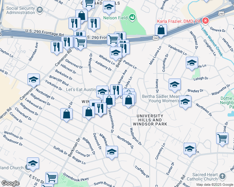 map of restaurants, bars, coffee shops, grocery stores, and more near 1717 1/2 Wheless Lane in Austin