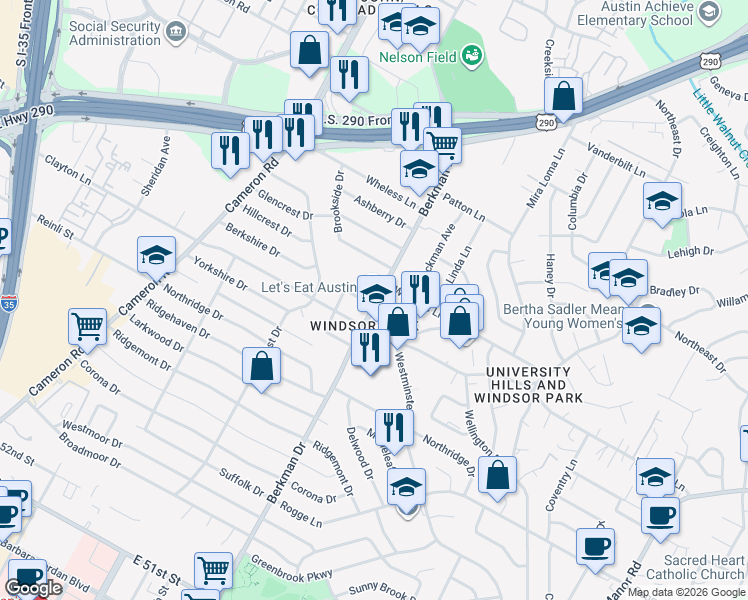 map of restaurants, bars, coffee shops, grocery stores, and more near 1610 Chatham Avenue in Austin