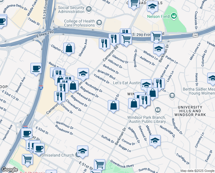 map of restaurants, bars, coffee shops, grocery stores, and more near 1406 Braes Ridge Drive in Austin