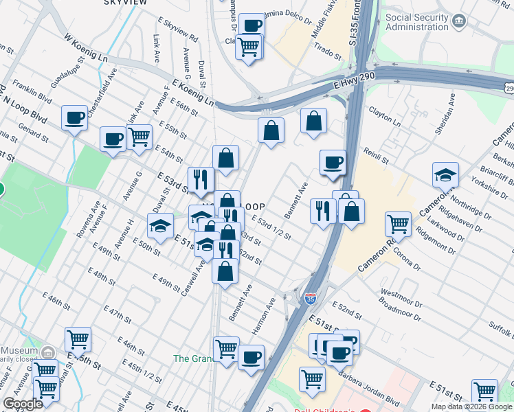 map of restaurants, bars, coffee shops, grocery stores, and more near 5335 Airport Boulevard in Austin