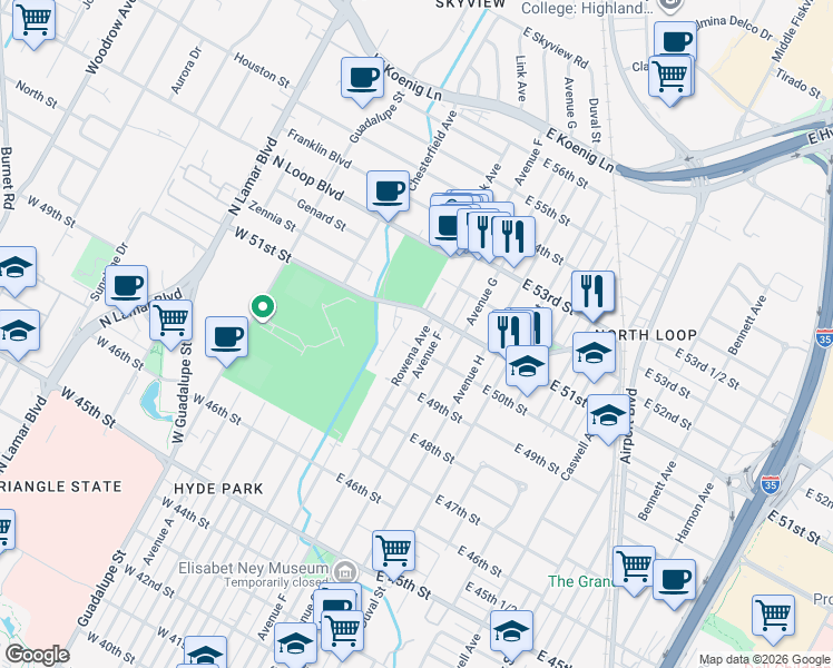 map of restaurants, bars, coffee shops, grocery stores, and more near 5004 Rowena Avenue in Austin