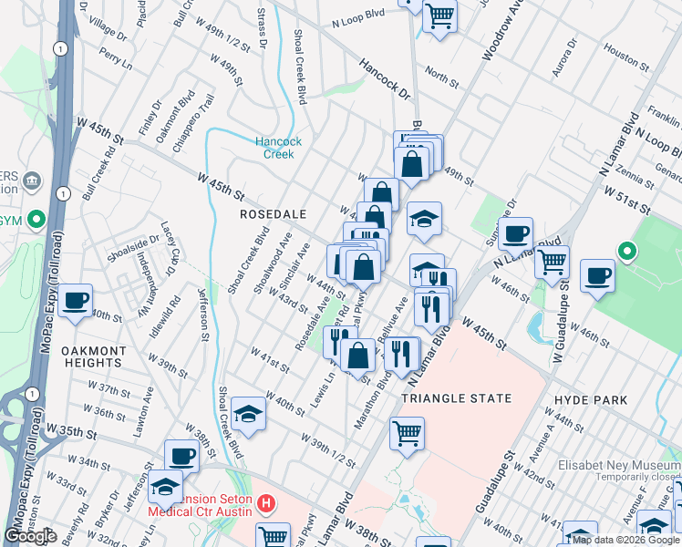 map of restaurants, bars, coffee shops, grocery stores, and more near 4409 Rosedale Avenue in Austin