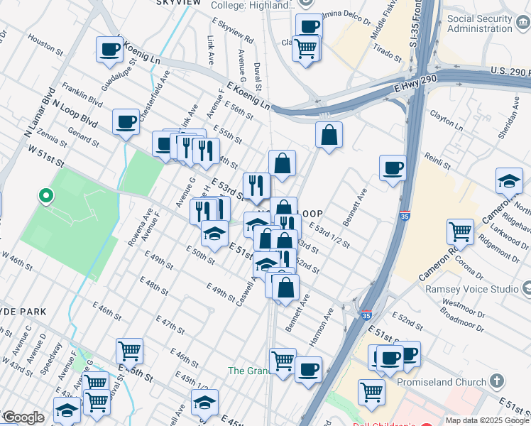 map of restaurants, bars, coffee shops, grocery stores, and more near 705 East 53rd Street in Austin