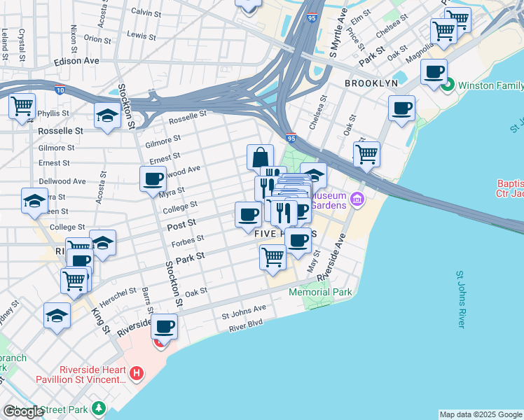 map of restaurants, bars, coffee shops, grocery stores, and more near 101216 Margaret Street in Jacksonville