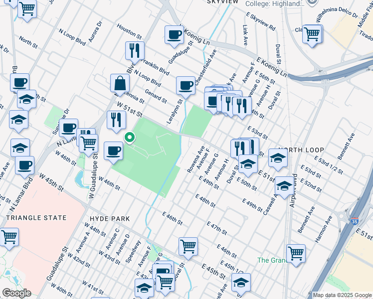 map of restaurants, bars, coffee shops, grocery stores, and more near 105 West 51st Street in Austin