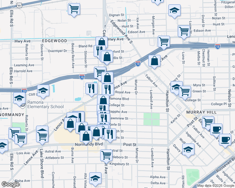 map of restaurants, bars, coffee shops, grocery stores, and more near 4820 Royal Avenue in Jacksonville