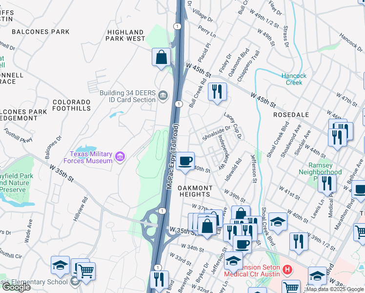 map of restaurants, bars, coffee shops, grocery stores, and more near 4100 Jackson Avenue in Austin