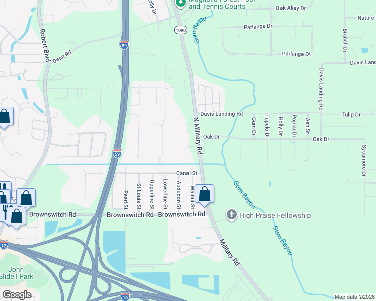 map of restaurants, bars, coffee shops, grocery stores, and more near 61179 North Military Road in Slidell