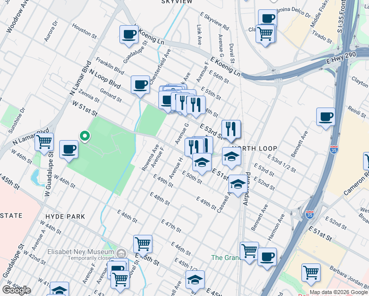 map of restaurants, bars, coffee shops, grocery stores, and more near 5104 Avenue H in Austin
