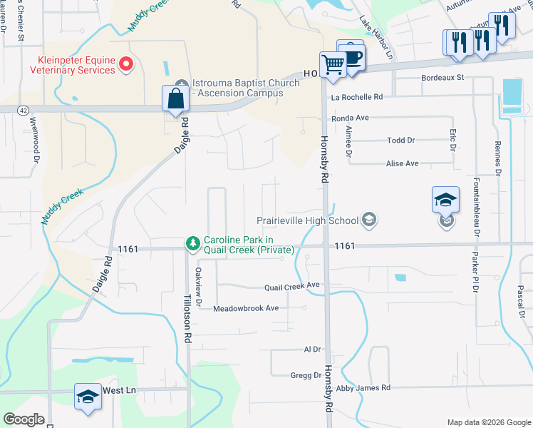 map of restaurants, bars, coffee shops, grocery stores, and more near 17056 Richmond Drive in Prairieville