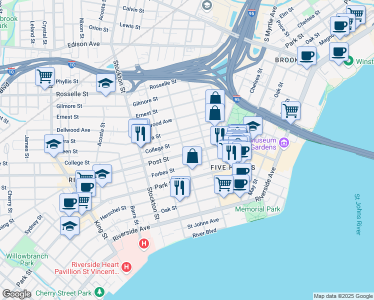 map of restaurants, bars, coffee shops, grocery stores, and more near in Jacksonville