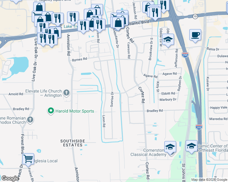 map of restaurants, bars, coffee shops, grocery stores, and more near 1998 Brookview Drive South in Jacksonville