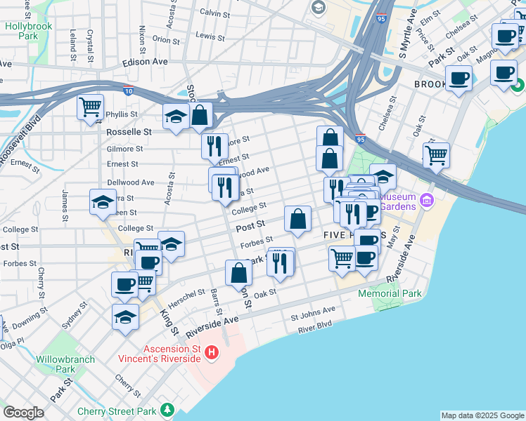 map of restaurants, bars, coffee shops, grocery stores, and more near 2254 College Street in Jacksonville