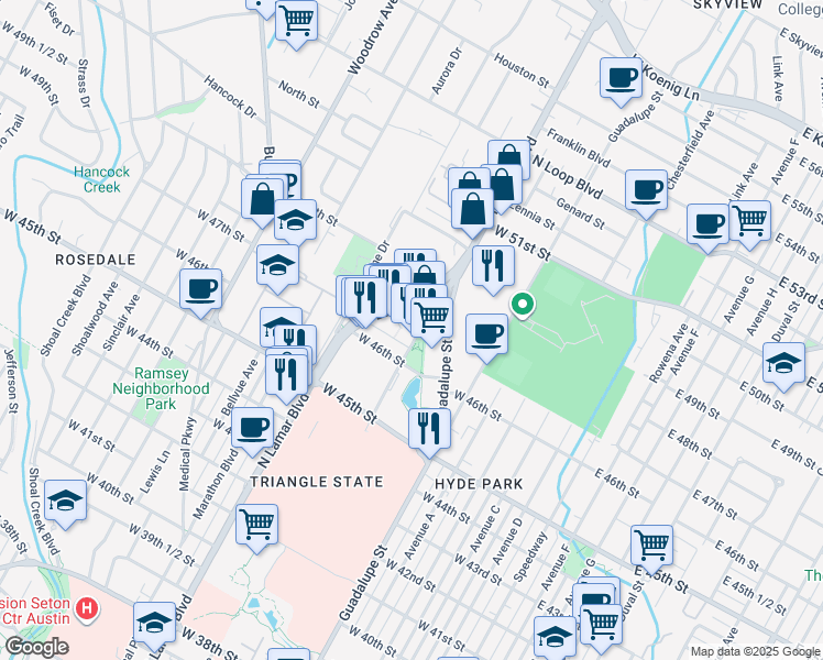 map of restaurants, bars, coffee shops, grocery stores, and more near 4616 Triangle Avenue in Austin
