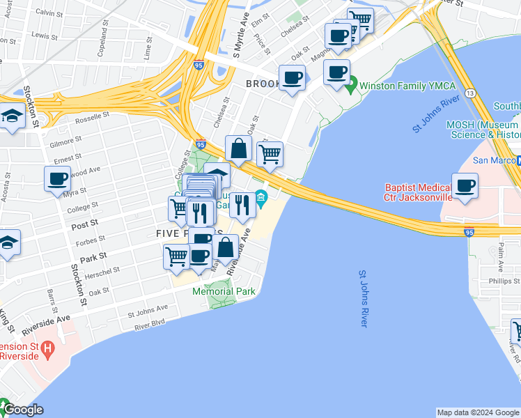 map of restaurants, bars, coffee shops, grocery stores, and more near 829 Riverside Avenue in Jacksonville