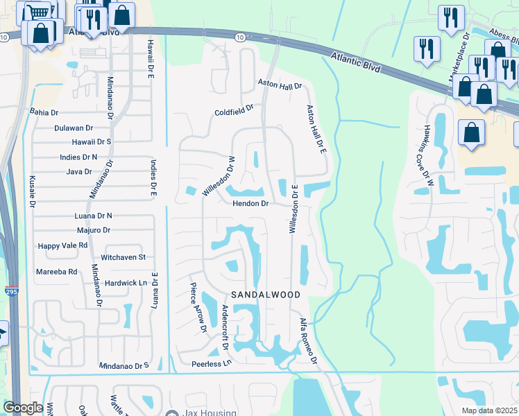 map of restaurants, bars, coffee shops, grocery stores, and more near 11306 Hendon Drive in Jacksonville