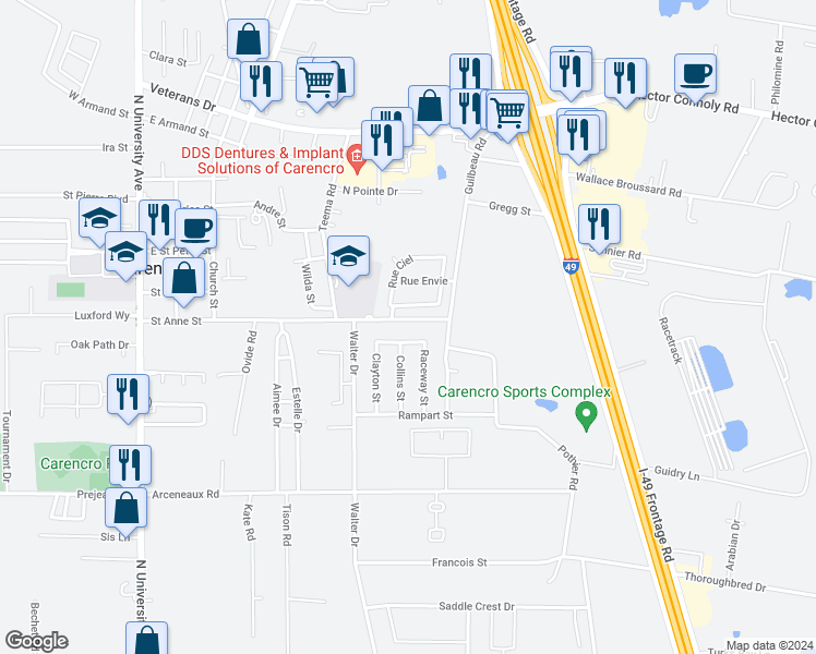 map of restaurants, bars, coffee shops, grocery stores, and more near 818 Saint Anne Street in Carencro