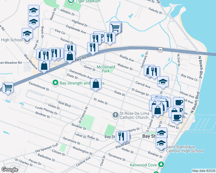 map of restaurants, bars, coffee shops, grocery stores, and more near 424 Demontluzin Avenue in Bay St. Louis