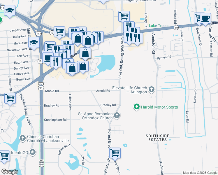 map of restaurants, bars, coffee shops, grocery stores, and more near 9965 Arnold Road in Jacksonville