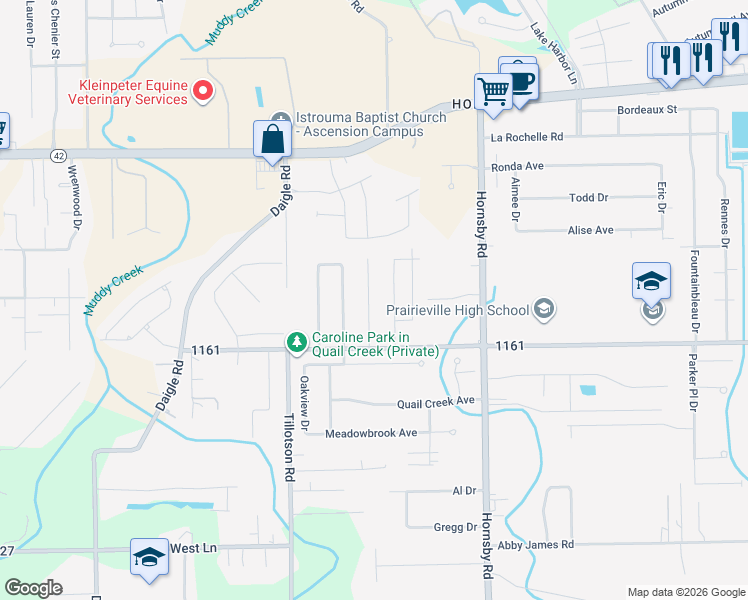 map of restaurants, bars, coffee shops, grocery stores, and more near 17060 Fox Ridge Drive in Prairieville