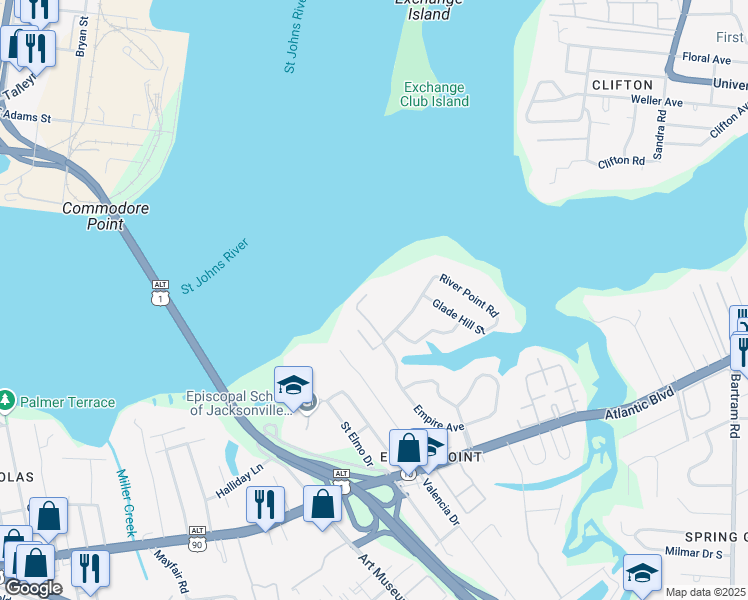 map of restaurants, bars, coffee shops, grocery stores, and more near 4615 Empire Avenue in Jacksonville