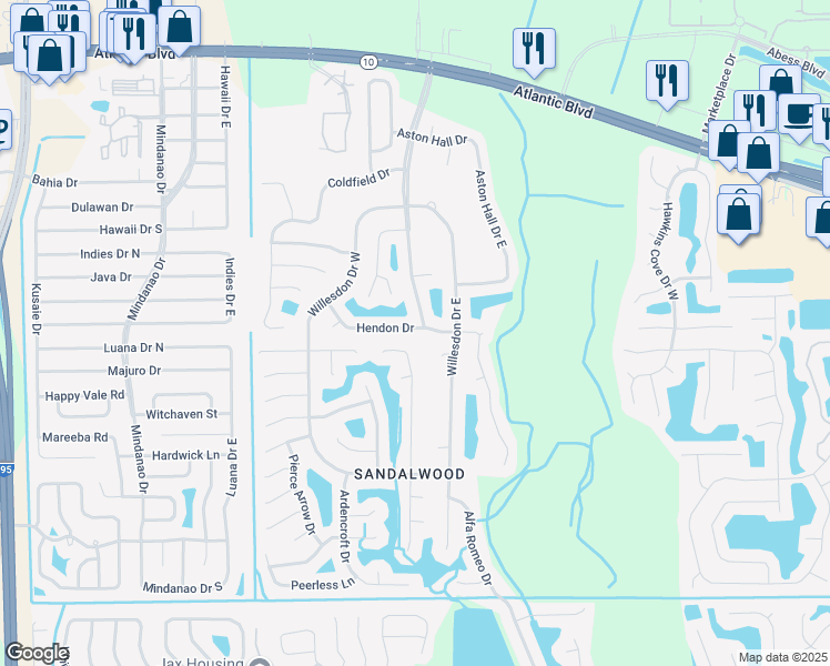 map of restaurants, bars, coffee shops, grocery stores, and more near 11326 Hendon Drive in Jacksonville