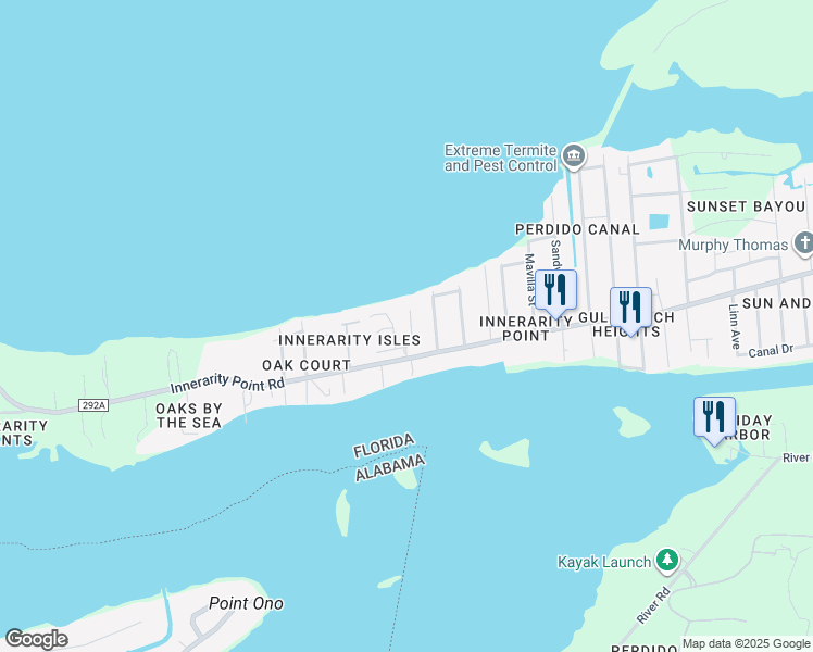 map of restaurants, bars, coffee shops, grocery stores, and more near 5915 Bay Vista Drive in Pensacola