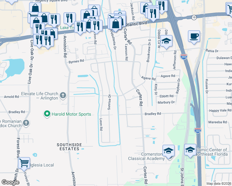 map of restaurants, bars, coffee shops, grocery stores, and more near 1998 Brookview Drive South in Jacksonville