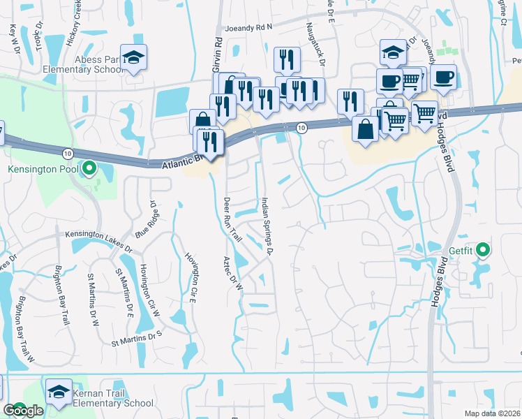 map of restaurants, bars, coffee shops, grocery stores, and more near 2028 Indian Springs Drive in Jacksonville