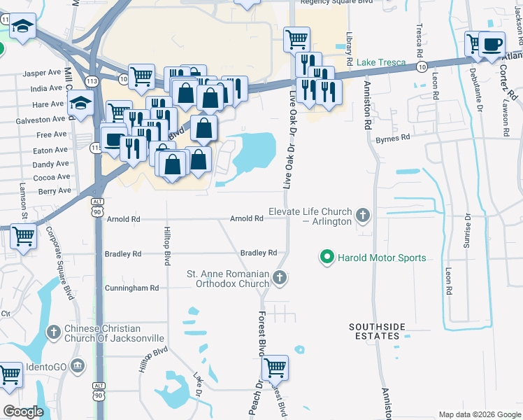 map of restaurants, bars, coffee shops, grocery stores, and more near 9965 Arnold Road in Jacksonville