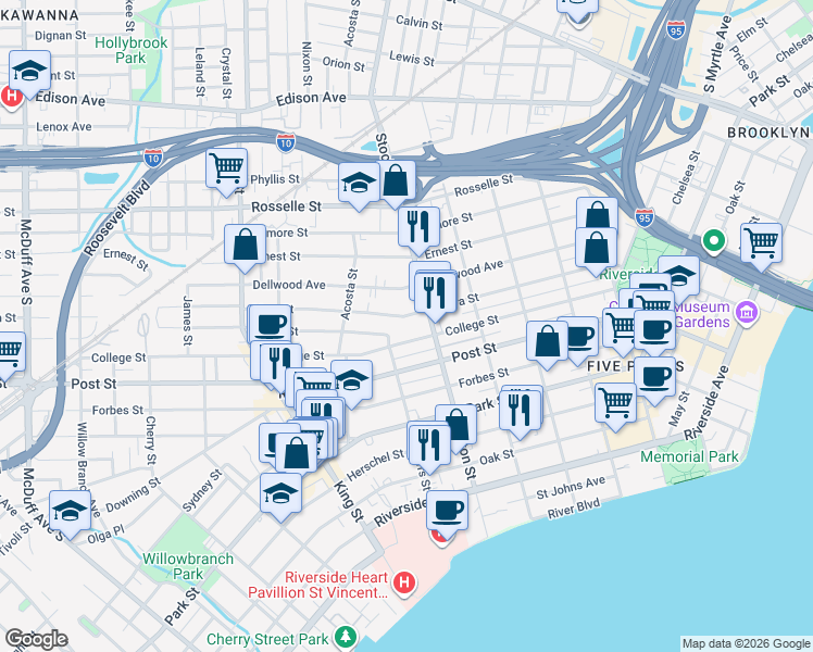 map of restaurants, bars, coffee shops, grocery stores, and more near 2523 College Street in Jacksonville