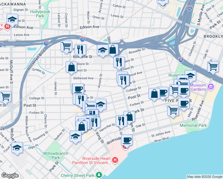 map of restaurants, bars, coffee shops, grocery stores, and more near 2573 Haldumar Terrace in Jacksonville