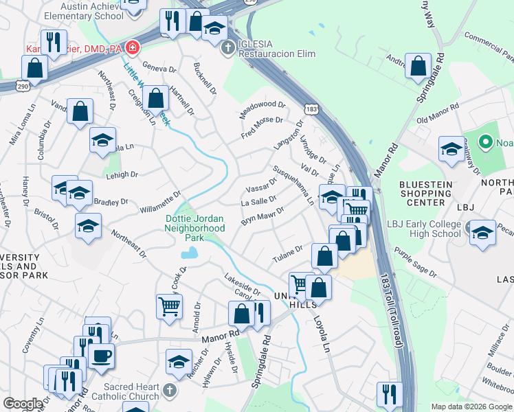 map of restaurants, bars, coffee shops, grocery stores, and more near 6812 Bryn Mawr Drive in Austin