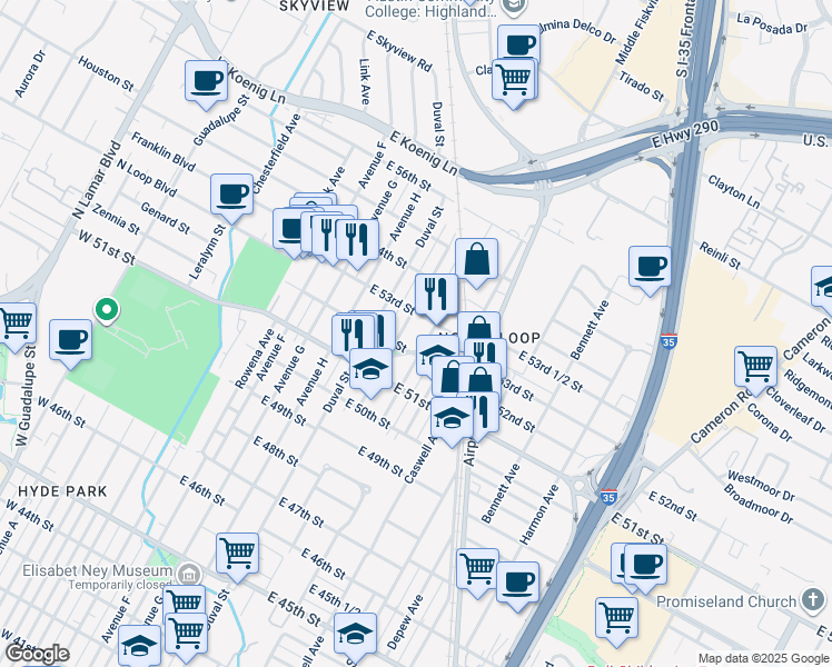 map of restaurants, bars, coffee shops, grocery stores, and more near 5204 Martin Avenue in Austin